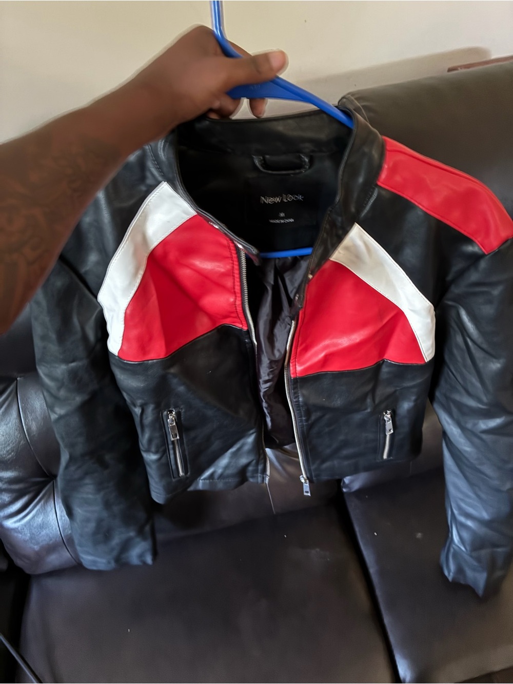 New Look Women's Black & Red Colorblock Faux Leather Jacket